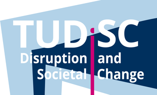 Logo: TUDiSC - im Hintergrund ein hellblauer und ein dunkelblauer Keil. Dazu der Schriftzug: Disruption and Societal Change