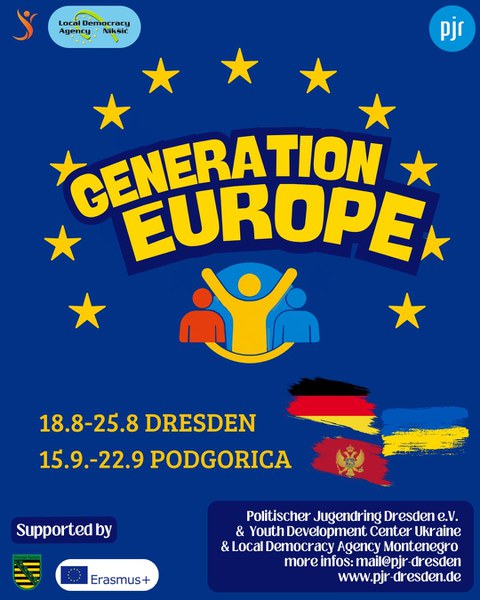 Ein lebendiger blauer Poster, der eine europäische Jugendveranstaltung bewirbt, mit Veranstaltungsdaten, Orten, Logos und dekorativen Sternen.