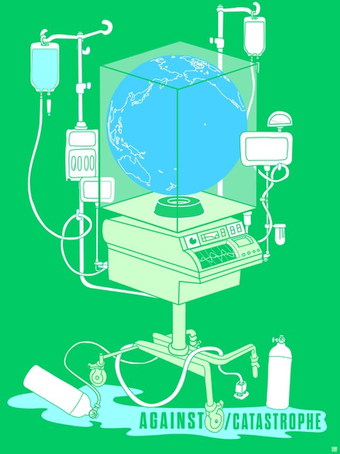 Blue globe in a glass box surrounded by medical devices that measure it and are partially defective. Inscription: Against Catastrophe.