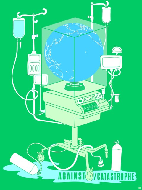 Blue globe in a glass box surrounded by medical devices that measure it and are partially defective. Inscription: Against Catastrophe.