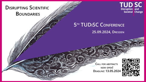 eine gespaltene Feder symbolisiert die Disruption der Forschung, als Werbung für die 5. internationale TUDiSC-Konferenz, die wissenschaftliche Grenzen erkunden wird.  