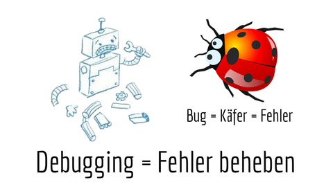 Screenshot aus der Medienwerkstatt mit dem Titel "Debugging = Fehler beheben". Neben der Zeichnung eines kaputten Roboters ist ein Marienkäfer abgebildet. Zum Marienkäfer steht der Text "bag = Englisch für Käfer = Fehler"