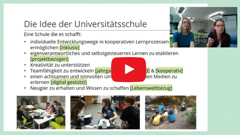 Vorschaubild für die Youtube-Aufzeichnung von Vortrag und Diskussion "Lernen in der Digitalität: Wie innovativer Unterricht mit digitalgestützten Medien gelingt". Auf einer Folie ist die "Idee der Universitätsschule" in Stichpunkten dargestellt. In einem kleinen Fenster über der Folie sind die Vortragenden Maxi Heß und Anke Langner.