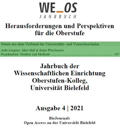 Bild-Text-Collage mit Text „WE_OS JAHRBUCH Herausforderungen und Perspektiven für die Oberstufe. Neues aus dem Verbund der Universitäts- und Versuchsschulen. Anke Langner, Maxi Heß & Katja Wiechmann: Projektarbeit - Struktur und Methode S. 187 ff. Jahrbuch der Wissenschaftlichen Einrichtung Oberstufen-Kolleg Universität Bielefeld, Ausgabe 4 2021, BieJournals Open Access an der Universität Bielefeld“