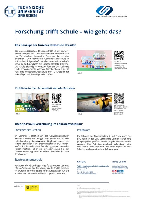 Das Poster über die Arbeit der Forshcungsstelle Universitätsschule (ForUS) "Forschung trifft Schule -wie geht das?" enthält Links zu Videos auf dem Kanal youtube.com/unischuleTUD und drei Beispiele für die Theorie-PraxisPraxis-Verzahnung im Lehramtsstudium: 1. Forschendes Lernen im Seminar "Forschung an der Universitätsschule", 2. Praktikum an der USD, 3. Staatsexamensarbeit