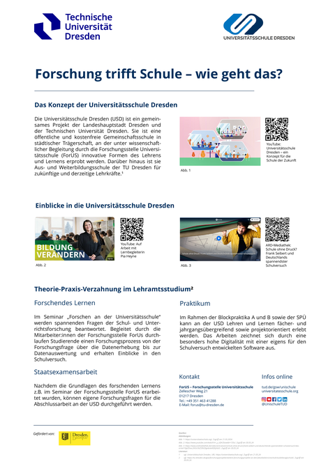 Das Poster über die Arbeit der Forshcungsstelle Universitätsschule (ForUS) "Forschung trifft Schule -wie geht das?" enthält Links zu Videos auf dem Kanal youtube.com/unischuleTUD und drei Beispiele für die Theorie-PraxisPraxis-Verzahnung im Lehramtsstudium: 1. Forschendes Lernen im Seminar "Forschung an der Universitätsschule", 2. Praktikum an der USD, 3. Staatsexamensarbeit