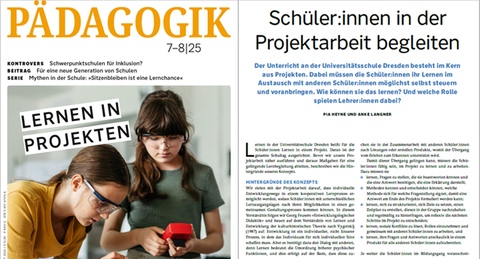 Titelseite der Zeitschrift Pädagogik zum Thema "Lernen in Projekten", daneben zwei Artikel