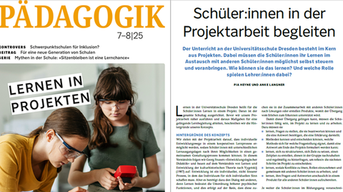 Titelseite der Zeitschrift Pädagogik zum Thema "Lernen in Projekten", daneben zwei Artikel