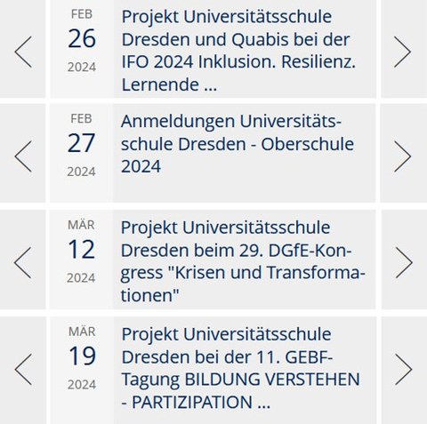 Screenshot der Kalenderübersicht von der TU Dresden-Webseite mit allen Terminen, die im Artikel erwähnt werden.