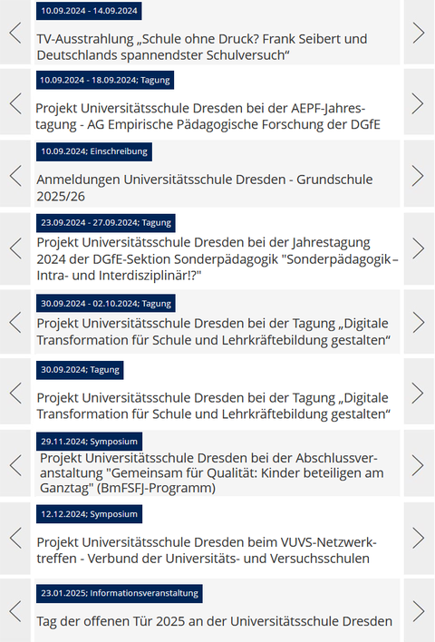 Screenshot der Terminübersicht des Projekts Universitätsschule Dresden mit Konferenzen und Schulveranstaltungen