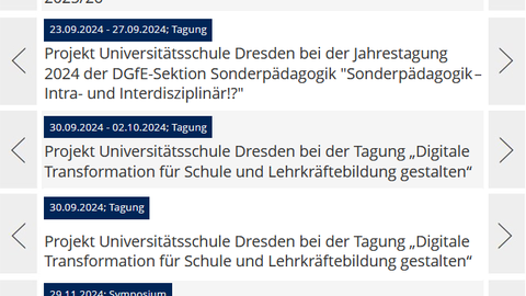 Screenshot der Terminübersicht des Projekts Universitätsschule Dresden mit Konferenzen und Schulveranstaltungen