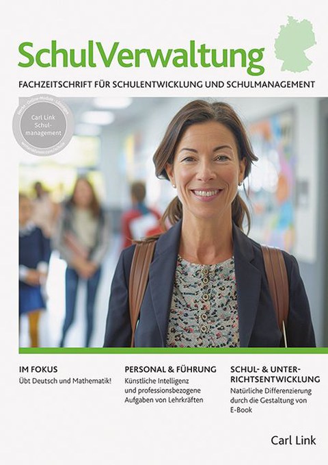 Cover der Zeitschrift SchulVerwaltung Hessen-Rheinland-Pfalz Text-Bild-Collage mit einer Frau, die in die Kamera lächelt