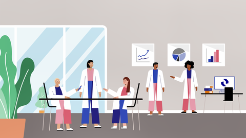 Grafische Darstellung der Forschenden im Projekt Universitätsschule Dresden aus dem Erklärvideo: 5 Personen in weißen Kitteln diskutieren in einem Raum mit Diagrammpostern an der Wand. Im Hintergrund zeigt ein Bildschirm das Logo der TU Dresden.
