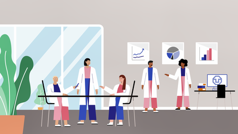 Grafische Darstellung der Forscherinnen im Projekt Universitätsschule Dresden aus dem Erklärvideo: 5 Personen in weißen Kitteln diskutieren in einem Raum mit Diagrammpostern an der Wand. Im Hintergrund zeigt ein Bildschirm das Logo der TU Dresden.