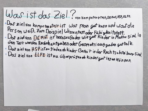 Schülerpräsentation mit handschriftlichen Notizen zur Forschungsmethode Kompetenztest