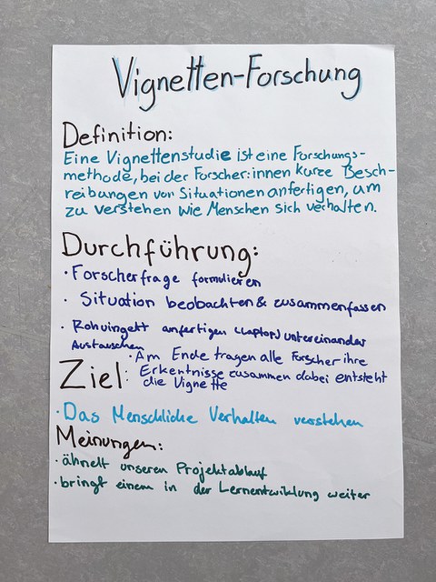 Schülerpräsentation mit handschriftlichen Notizen zur Forschungsmethode Vignettenforschung