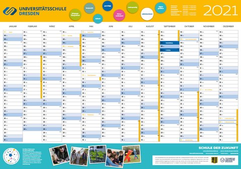 Screenshot des Plakat-Kalenders 2021 der Universitätsschule Dresden. Das gesamte Jahr ist in einer Tabelle dargestellt und wird von Fotos und graphischen Elementen ergänzt. Die verwendeten Farben sind türkis, gelb und weiß.