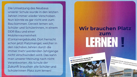 Flyer für Demonstration ""Wir brauchen Platz zum Lernen! Demo für ein Lernhaus für die Universitätsschule Dresden"