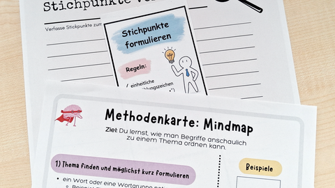 Zwei Arbeitsblätter liegen auf einem Tisch. Überschriften: "Stichpunkte verfassen" und Methodenkarte: Mindmap"