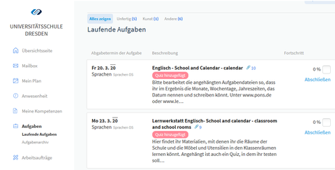 Ansicht der Oberfläche im Online-Schulportal mit Aufgaben. zum Beispiel für den Englischunterricht