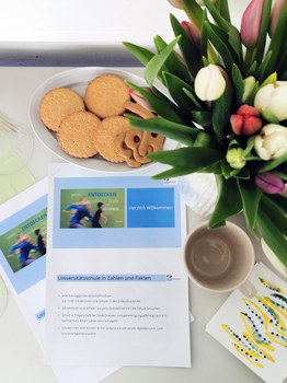 Blick von oben auf einen Tisch mit buntem Tulpenstrauß, Keksen, Servietten, Gläsern und Tassen. In der Mitte eine Broschüre "Herzlich Willkommen - Universitätsschule in Zahlen und Fakten" mit Foto von laufenden Kindern vor einer grünen Wand mit den Wörtern entdecken, sehen, lesen, forschen, rechnen.