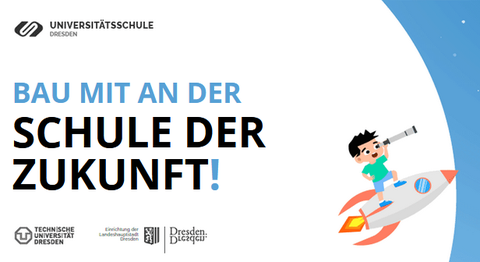 Flyer für die Online-Aktion "Bau mit an der Schule der Zukunft" auf weißem Hintergrund. Im Comicstil ist ein Junge gezeichnet. Er sitzt auf einer fliegenden Rakete und schaut durch ein Fernrohr.