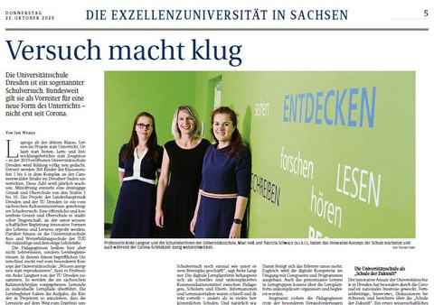 Screenshot des Artikels "Versuch macht klug" über den Schulversuch Universitätsschule Dresden in der Sonderbeilage der Sächsischen Zeitung zur Exzellenzuniversität TU Dresden