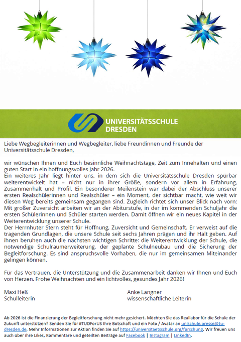 Weihnachtsbrief der Leiterinnen des Schulversuchs Anke Langner und Maxi Heß
