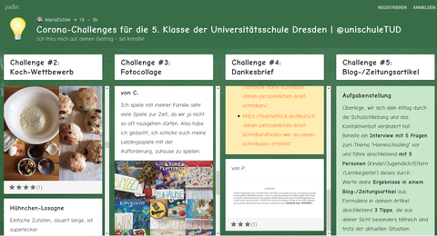 Bildschirmansicht eines Padlets: in verschiedenen Spalten werden Aufgabenstellungen und Ergebnisse angezeigt, zum Beispiel die Aufgabe Kochrezept und ein Foto von Quarkbällchen