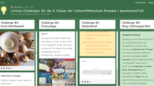 Bildschirmansicht eines Padlets: in verschiedenen Spalten werden Aufgabenstellungen und Ergebnisse angezeigt, zum Beispiel die Aufgabe Kochrezept und ein Foto von Quarkbällchen