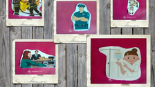 Auf der Fotocollage kleben 5 Polaroidfotos an einer Holzwand. Auf den Fotos sind Spielkarten zu sehen. Sie zeigen eine Krankenschwester, Feuerwehrmänner, zwei Büromitarbeiter, einen Polizisten und eine Naturschützerin in Uniform mit schwarzem Vogel auf dem Arm.