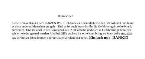 Das Bildschirmfoto zeigt einen am Computer geschriebenen Dankesbrief an alle Krankenhäuser der Welt.