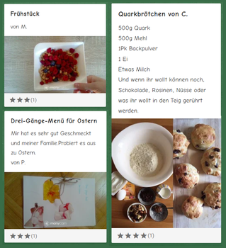 Auf einer Seite sind als Collage verschiedene Ergebnisse der Aufgabe Kochrezept abgebildet: Müsli mit Himbeeren, Quarkbrötchen und eine Speisekarte.