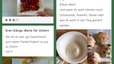 Auf einer Seite sind als Collage verschiedene Ergebnisse der Aufgabe Kochrezept abgebildet: Müsli mit Himbeeren, Quarkbrötchen und eine Speisekarte.