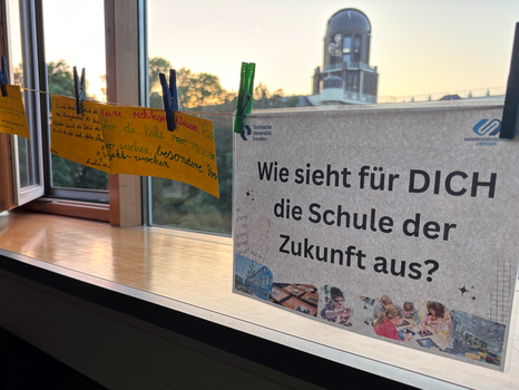 Zettel auf einer Leine: "Wie sieht für dich die Schule der Zukunft aus?" im Hintergrund die abendliche Skyline der TU Dresden