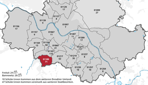 Eine schematisch Karte zeigt die Dresdner Stadtteile mit der jeweiligen Anzahl der Schüler:innen.