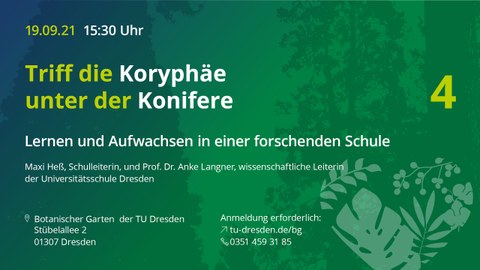 Flyer für die Veranstaltung "Triff eine Koryphäe unter der Konifere" am 19. September 2021 mit Maxi Heß und Anke Langner zum Aufwachsen an einer forschenden Schule, der Universitätsschule Dresden. 