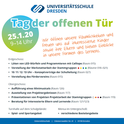 Tag der offenen Tür an der Universitätsschule Dresden 25.1.2020, Programm