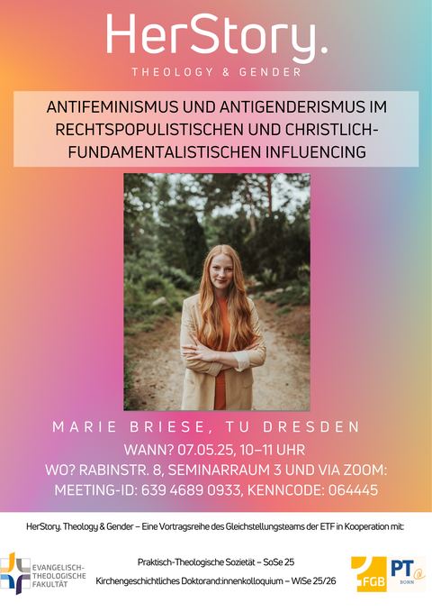 Plakat für die Vortragsreihe HerStory. Theology & Gender an der Universität Bonn. Zu sehen: Kollegiatin Marie Briese 
