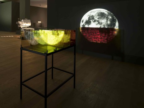 The Color Out of Space, 2015 5 colored glass filters, steel base, HD video, color, sound; 36 min,  Installation view at Remai Modern, Saskatoon, 2018