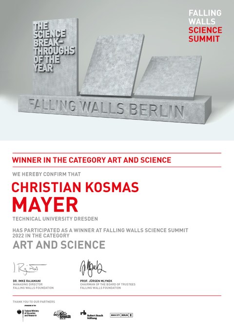 Urkunde Christian Kosmas Mayer, Falling Walls Art & Science Winner 2022