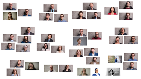 Porträtfotos der Mitarbeiter des SFB, puzzleartig nach Teilprojekten angeordnet vor weißem Hintergrund