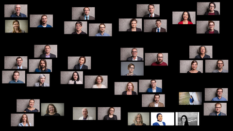Porträtfotos der Mitarbeiter des SFB, puzzleartig nach Teilprojekten angeordnet vor schwarzem Hintergrund
