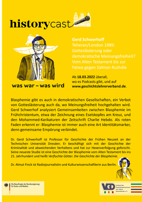 Werbeflyer zum Podcast mit stilisiertem Bild von Gerd Schwerhoff, gelber Hintergrund