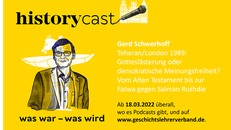 Ausschnitt aus dem Werbeflyer zum Podcast mit stilisiertem Bild von Gerd Schwerhoff, gelber Hintergrund