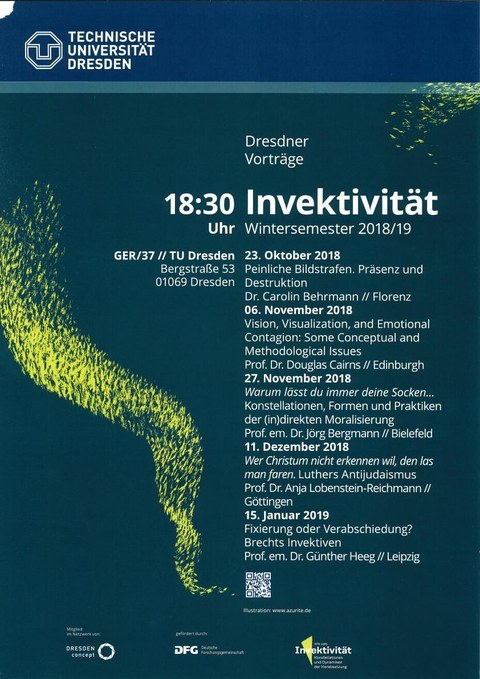 Veranstaltungsplakat, dunkelgrüner Hintergrund,weiße Schrift, gelbe abstrakte Grafik