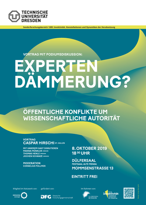 Veranstaltungsplakat Vortrag mit Podiumsdiskussion: Expertendämmerung. Öffentliche Konflikte um wissenschaftliche Autorität am 8. Oktober 2019
