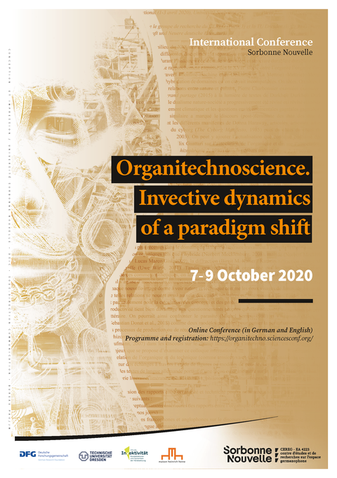 Plakat der Tagung Organitechnoscience, Brauntöne, im Hintergrund die Kontur eines Menschen