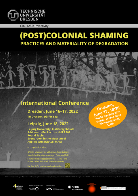 Plakat zur Tagung (Post)colonial Shaming, Schwarz- und Grautöne mit einem Schwarzweißbild afrikanischer Menschen aus der Kolonialzeit, gelbe Schrift mit Veranstaltungsinformationen