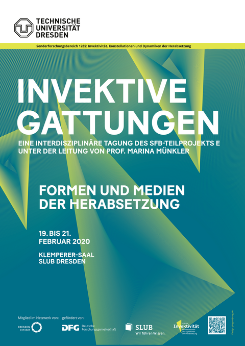 Plakat zur Tagung Invektive Gattungen, bastraktes Design, grün mit weißer Schrift